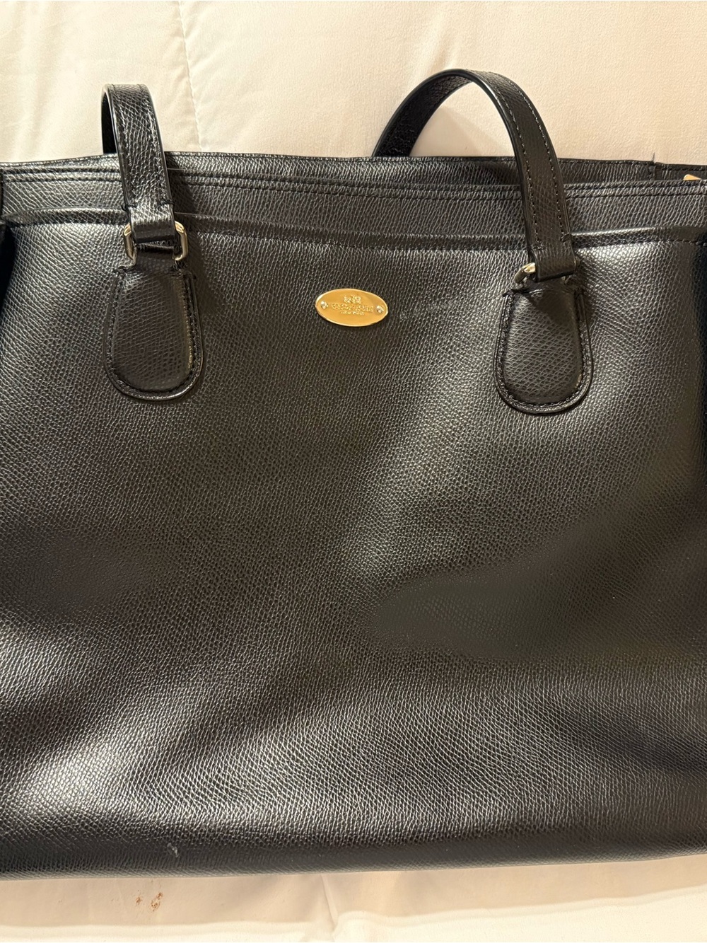 Coach Black Leather Tote with Gold Logo Plaque